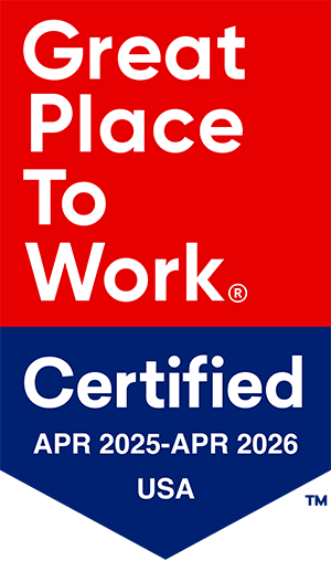 Red and blue badge reading "Great Place To Work Certified, APR 2025–APR 2026, USA.