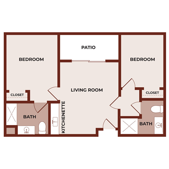 Floor plan of an apartment with two bedrooms, two bathrooms, living room, kitchenette, closets, and a patio accessible from the living room, situated between the bedrooms.