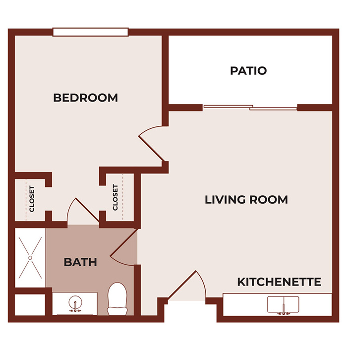 A floor plan of a one-bedroom apartment showing a bedroom with two closets, a bathroom, a living room, a kitchenette, and a patio. The entrance is near the kitchenette and the living room opens to the patio.
