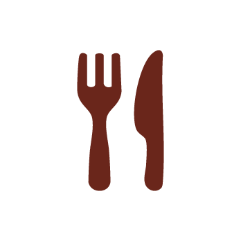 A simple brown silhouette of a fork and knife side by side on a light gray background, symbolizing dining or food.