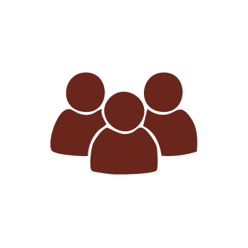 Simple brown icon of three people figures, with one in front and two behind on a light gray background, symbolizing a group or community.