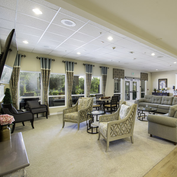 A spacious, well-lit lounge with large windows, elegant armchairs, sofas, side tables, and curtains. The room has neutral colors, wall art, and a soft carpet, creating a comfortable and inviting atmosphere.