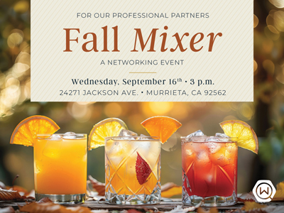 Three colorful autumn cocktails garnished with fruit sit on a table in front of fall foliage. A sign above announces a Fall Mixer networking event on September 16th at 3 p.m. in Murrieta, CA.